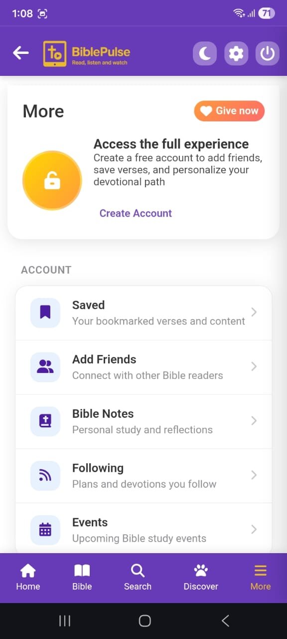 BiblePulse - More Options Screen of the App
